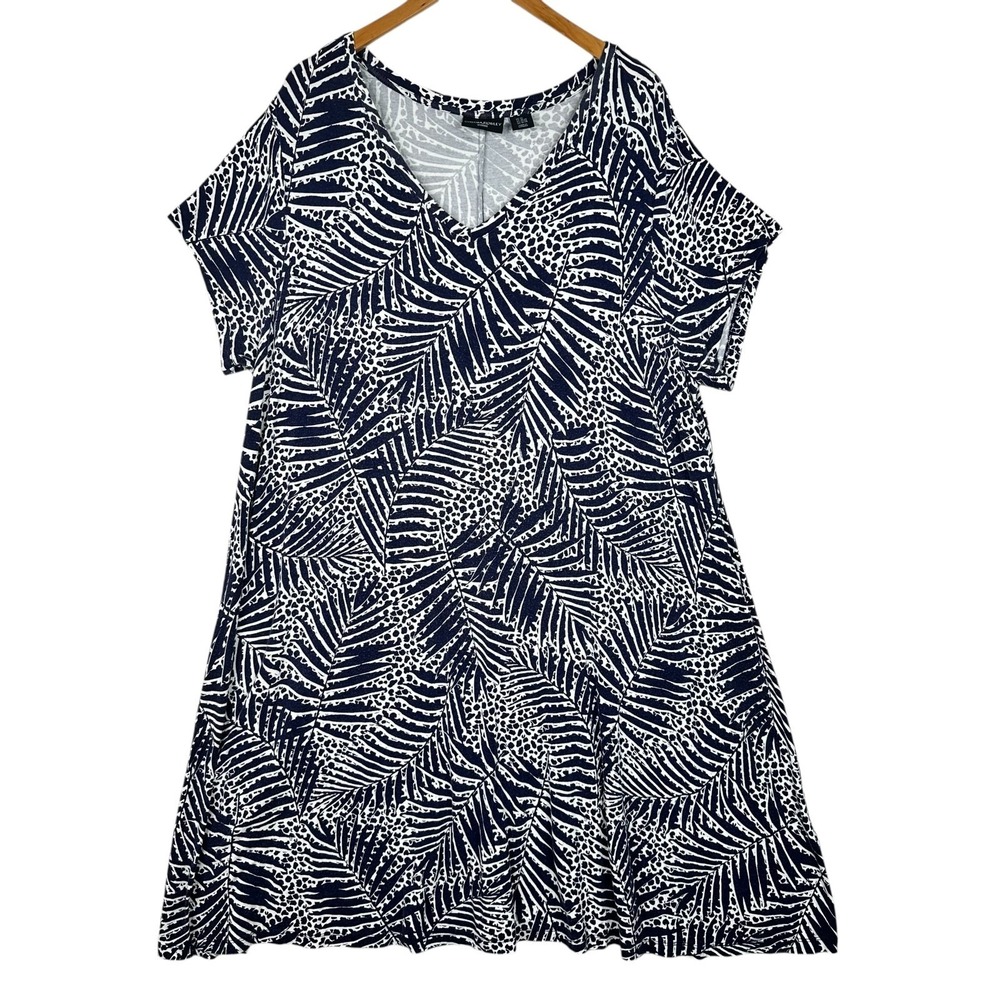 Cynthia Rowley Dress 3X Navy White Leaf Print‎ Rayon Stretch Short Sleeve Plus